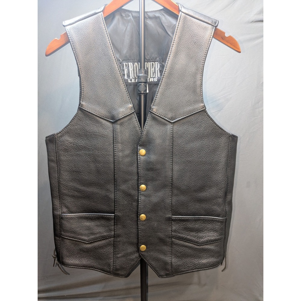 Vtg Frontier Leather Mens Black Leather Motorcycle Vest Side Lace USA Made Small
